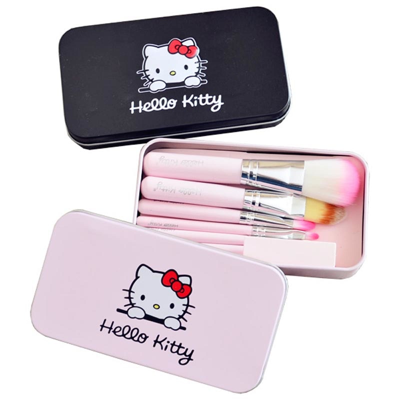 1set Hello Kitty pink black 7Pc/set Mini Makeup brush Set cosmetics kit de pinceis de maquiagem make up brush Kit with Metal box
