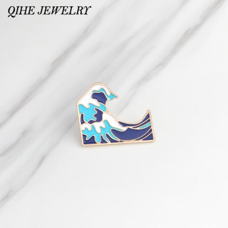 QIHE JEWELRY Brooches & pins Ocean wave brooch Men women clothing backpack bag accessories Ocean jewelry Wave jewelry
