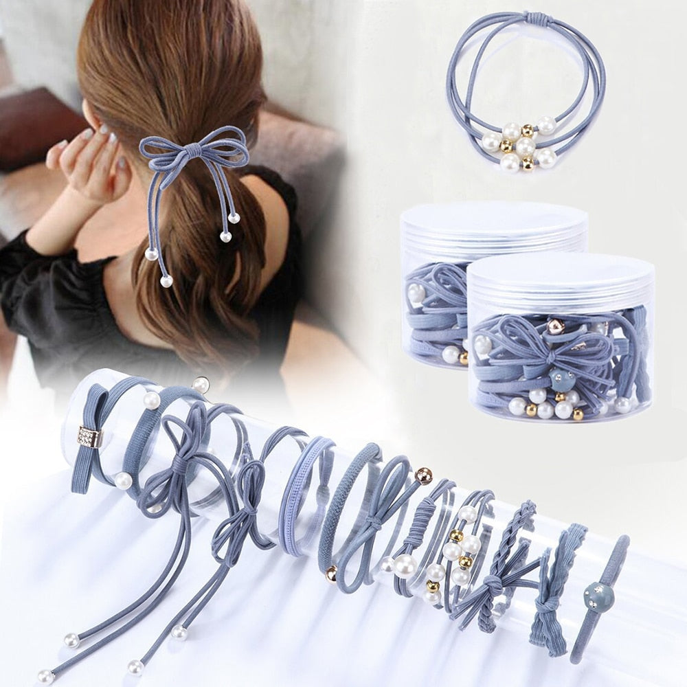 12Pcs/Set High Elastic Hair Bands Solid Pearl Stretch Hair Ties For Women Girls Ponytail Holder Hair Ropes Hair Accessories