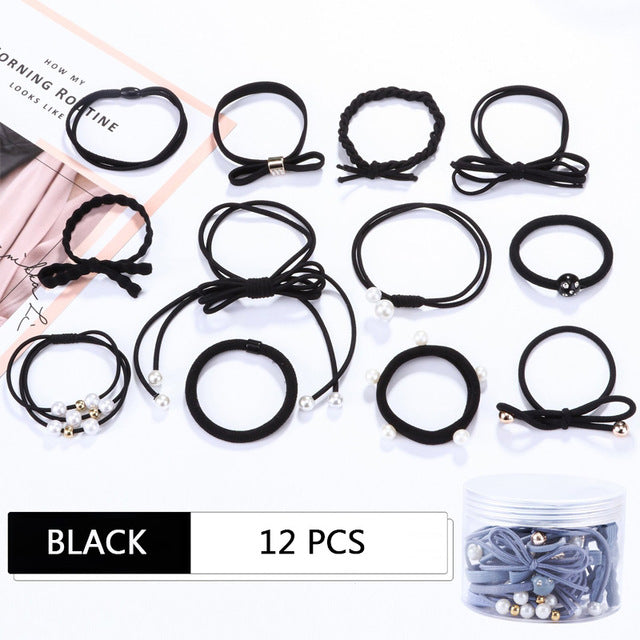 12Pcs/Set High Elastic Hair Bands Solid Pearl Stretch Hair Ties For Women Girls Ponytail Holder Hair Ropes Hair Accessories