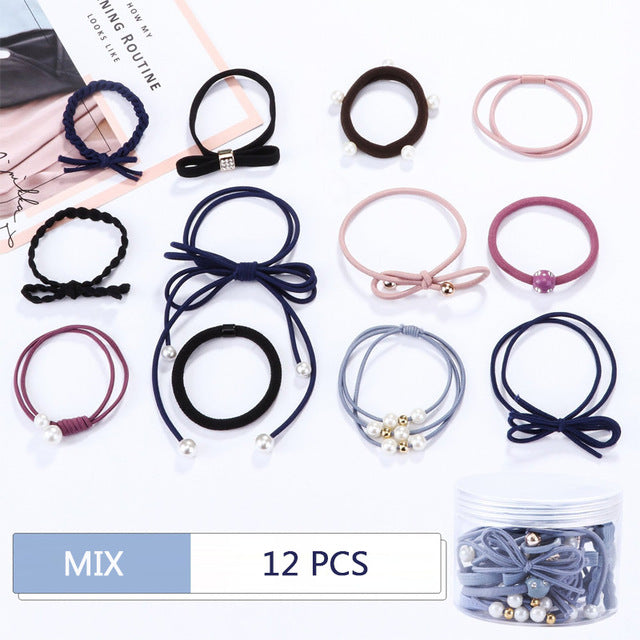 12Pcs/Set High Elastic Hair Bands Solid Pearl Stretch Hair Ties For Women Girls Ponytail Holder Hair Ropes Hair Accessories