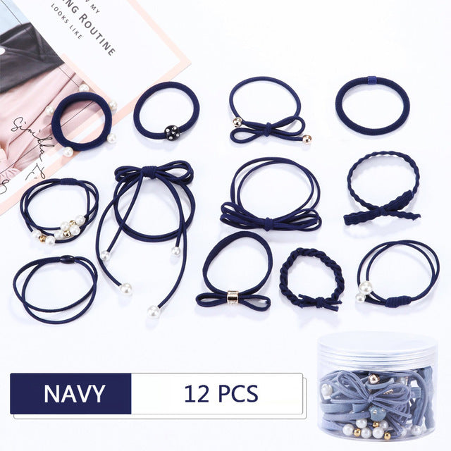 12Pcs/Set High Elastic Hair Bands Solid Pearl Stretch Hair Ties For Women Girls Ponytail Holder Hair Ropes Hair Accessories